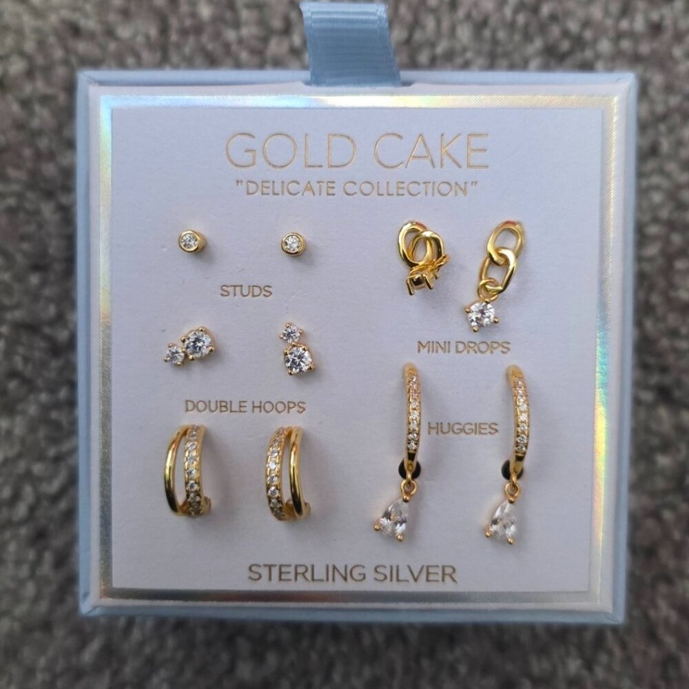 GOLD Cake Sterling Silver Earrings Set, 5Pairs